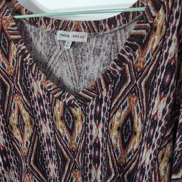 NWT Absolutely Famous | Boho Geometric Brown Grey Black 3/4 Sleeve Top Size 3X - Picture 1 of 11